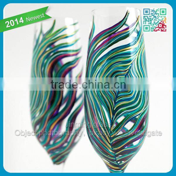 Peacock Feather Wedding Flutes Set of 2 Personalized Hand Painted glass champagne flute