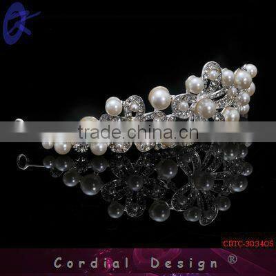 Fashion Design Wedding Accessories Alloy Pearl Tiara Crown In Bulk Order