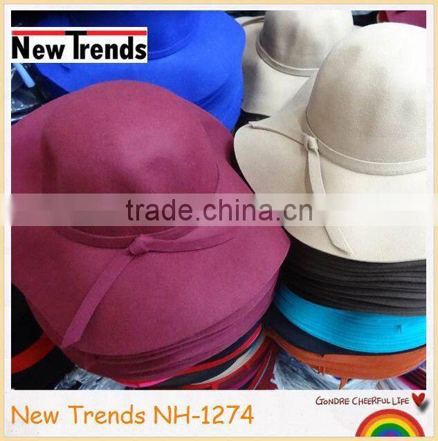 Fashion burgundy wool felt hat with wide brim and bow