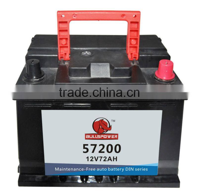 High quality Car battery 57200 DIN Standard 12v72ah 12v battey