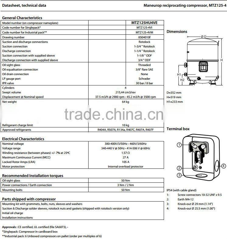 (MTZ125-4VM)Maneurop Reciprocating Compressor MT and MTZ Compressors