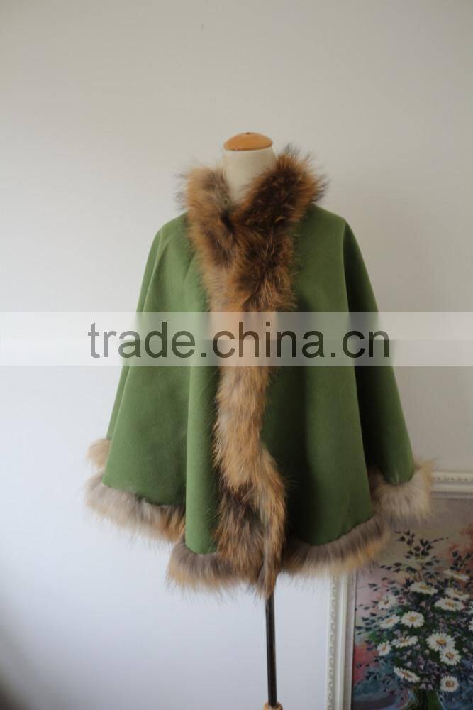 Original Design Pashmina Cape Poncho With Raccoon Fur Trim Ladies Luxury Natural Fur Edge Cashmere Shawl