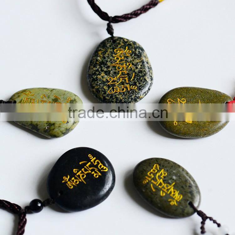 Exquisitely Engraving Carving Type Handmade Natural Stone Pendant Necklace Folk Art Style Reiki Stone Praying Mani Stone Pendant