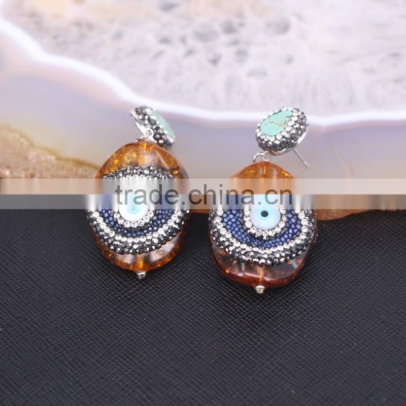 Charm Resin with Evil Eye Shell Stud Earrings, Crystal Zircon Turquoise Stud Gem Earrings