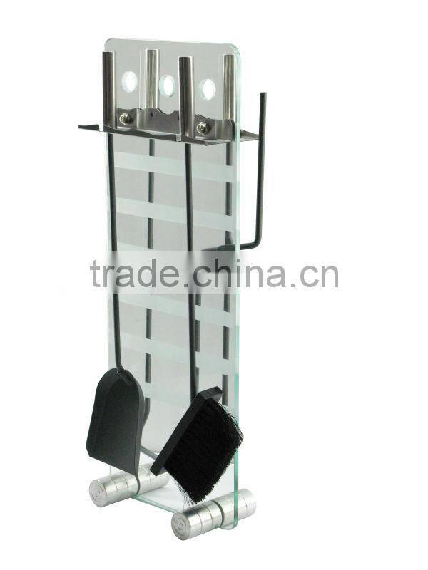 metal fireplace tools set with glass holder