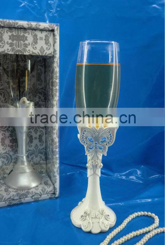 resin butterfly with wine glass toasting flutes wedding accessory