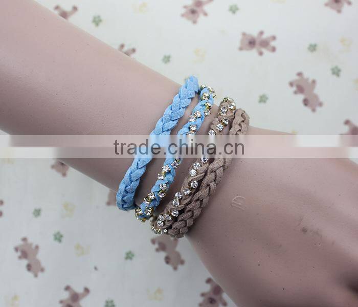 rhinestone chain suede leather braided layered bracelet double strand velvet leather handwoven bracelet