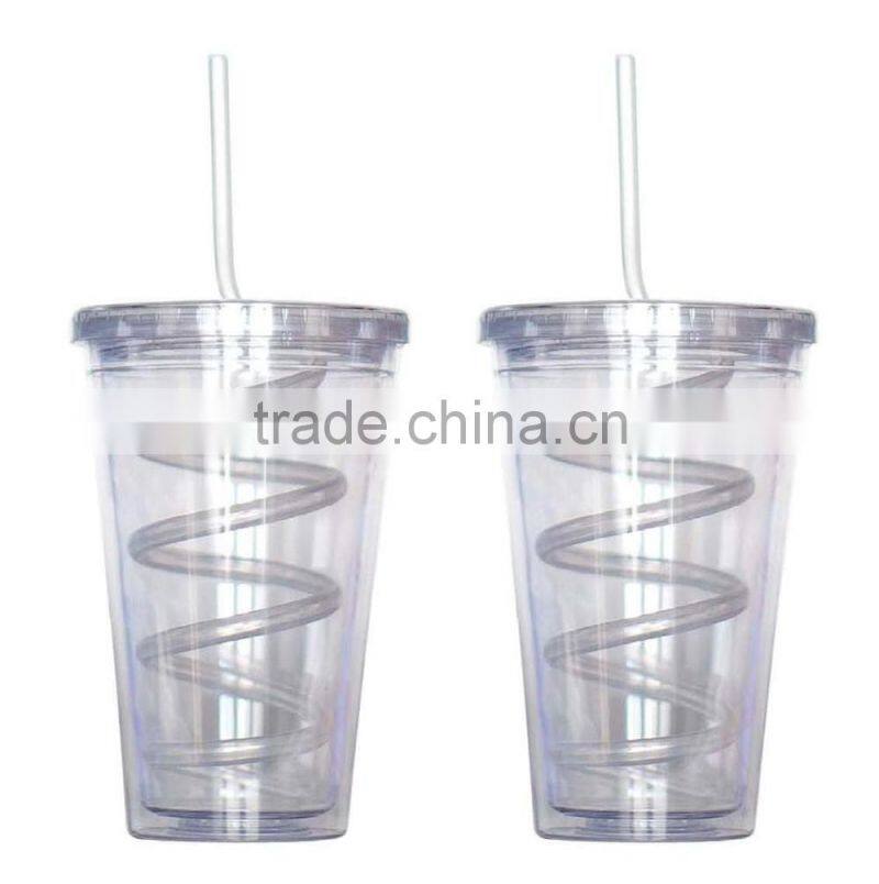 Single wall Insulated Plastic Drink Cup Glass w Curly Crazy Straw Travel Tumbler