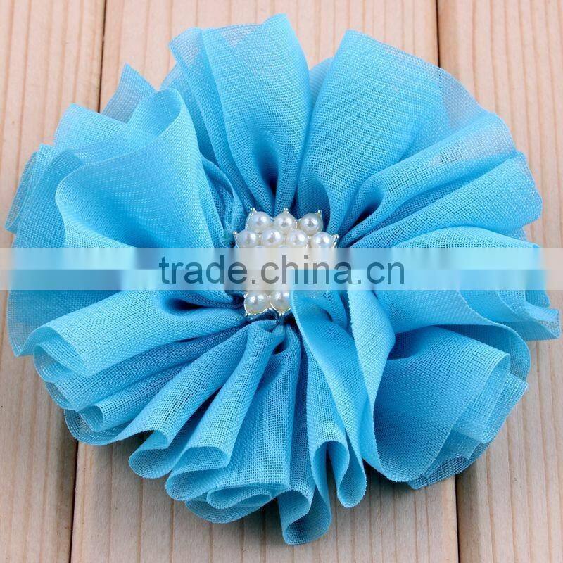 hot cutting chiffon flower with pearl bead center for kids hair accessories