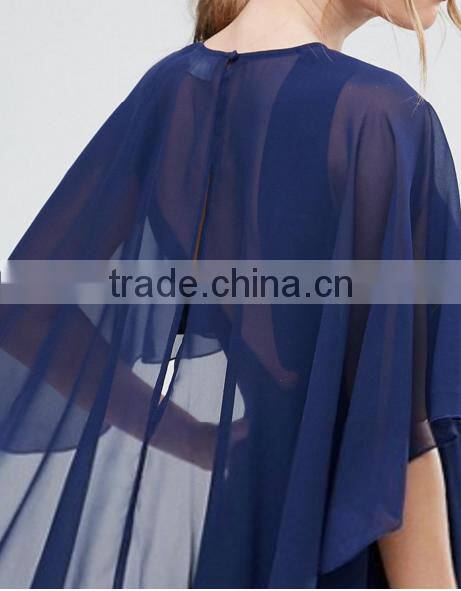 OEM Service Supply Type And Evening / Formal Dresses Type Elegant Evening Dress/ Navy Chiffon Dip Back Cape Mini Dress