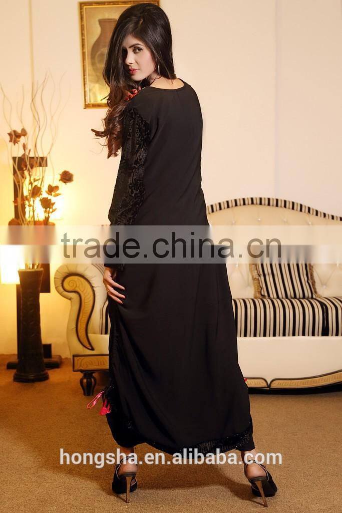 Fashion Designer Winter Front Neck Embroidery Designs For Long Kurtis With Velvet sleeves Pakistani Style HSD7739