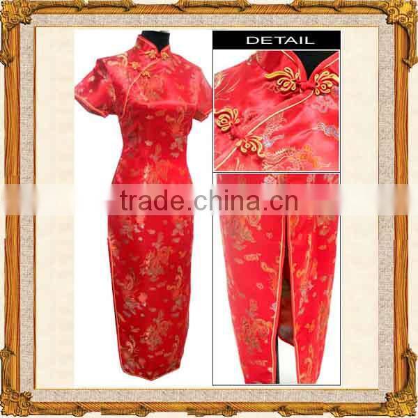 Chinese traditional red short sleeve long length cheongsam