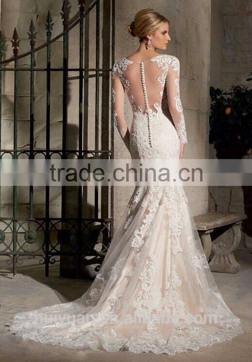 simple white long sleeve lace wedding dress in china factory