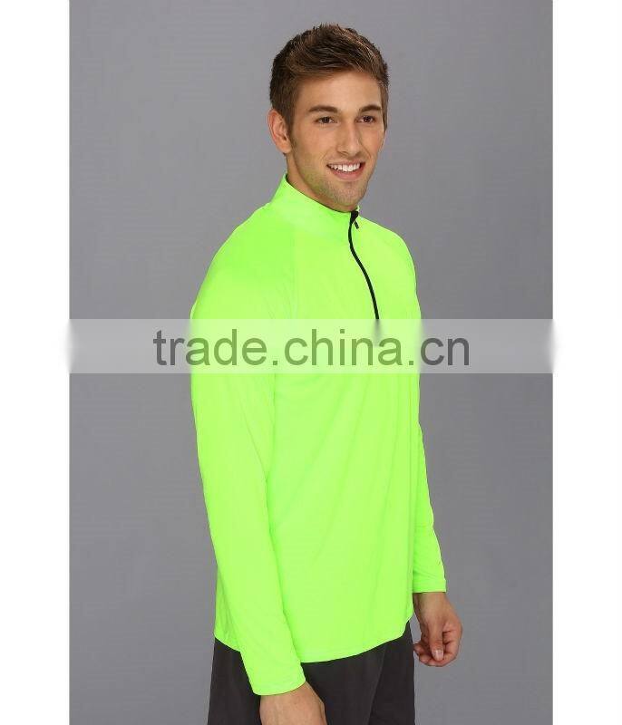 Mens Sports Wear 1/4 Zipper Pullover Jacket Top Raglan Long Sleeve Sports T Shirt Fluorescent Green Gym T Shirt
