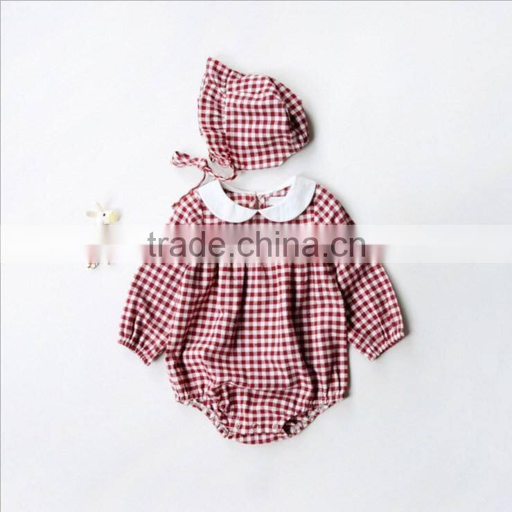New Model Newborn Baby Clothes Toddler Red Gingham Long Sleeve Bodysuit With Peter Pan Collar Girls Romper