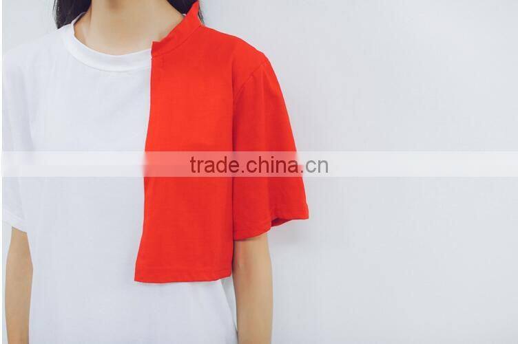 Women's college in the summer of wind loose color matching small round collar T-shirt female cotton short sleeve blouse