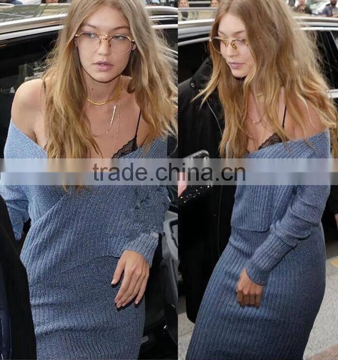 Runwaylover 147 Sexy Deep V-Neck 2017 Ladies Knitted Slim Casual Dress