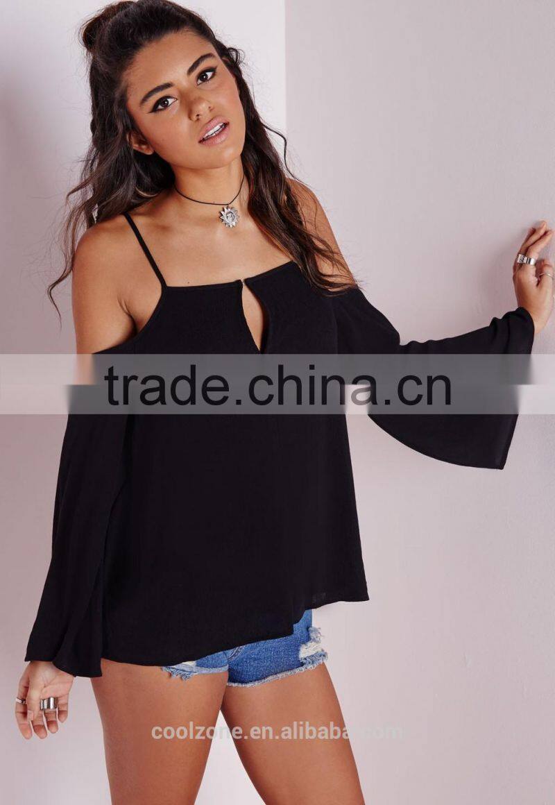 Latest design open shoulders thin straps woman blouse