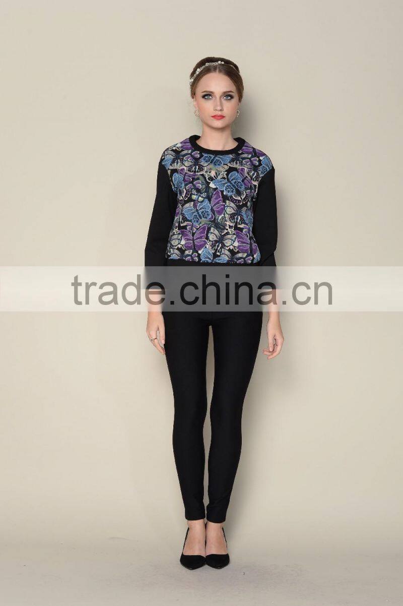 latest black long sleeve floral printing women designer blouse patterns