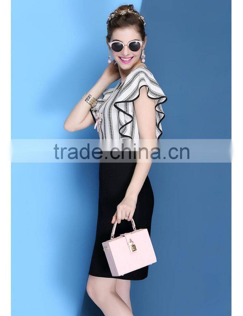 2016 girls summer imitate hemp vertical strip hip package wide sleeve dress