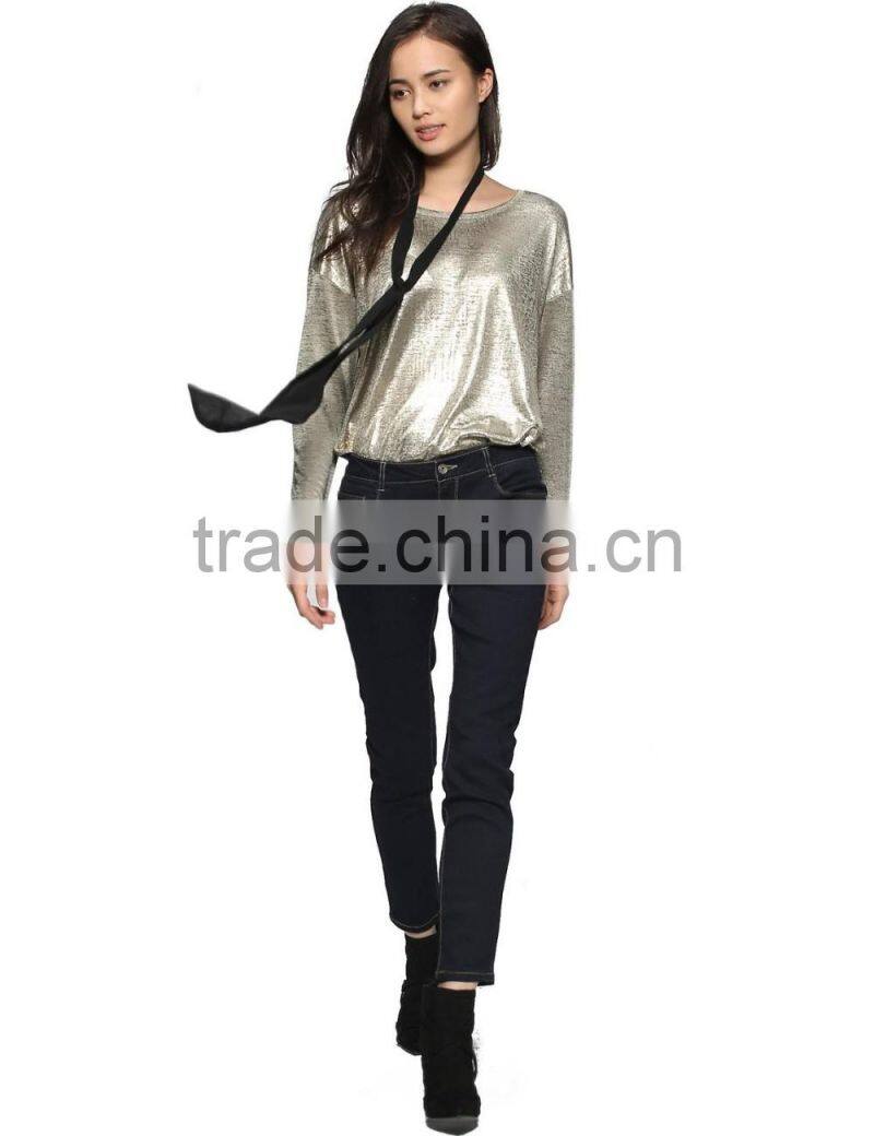 Ladies customized special fabric long sleeve short front long back Flashing soft t-shirt