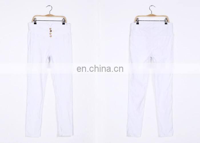 Pockets and Buttons Design White Pants Wholesale Lady Pants