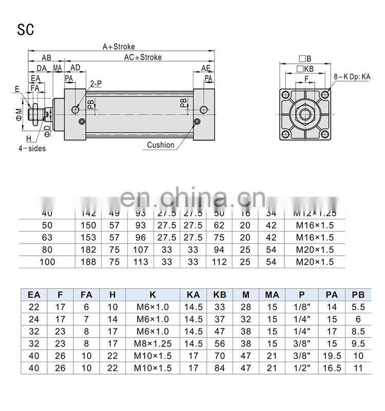 SC40X25 SC40X50 SC40-X100 SC40X150 SC40X200 SC40X250 SC40X300 Air Cylinder double Acting Standard Air Cylinder