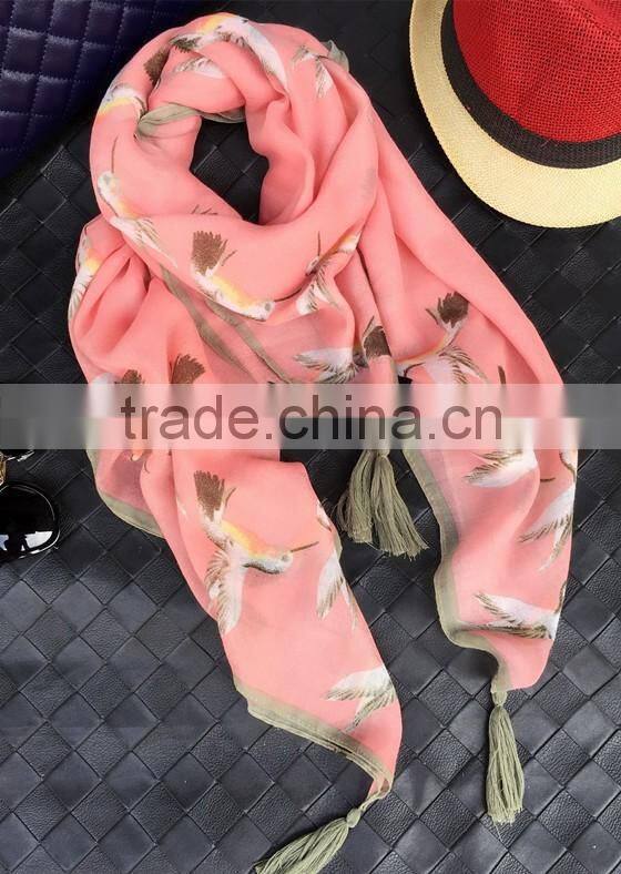 Fashion Beautiful Bird Print Large Thin Plain Cotton Square Scarf with Tassels