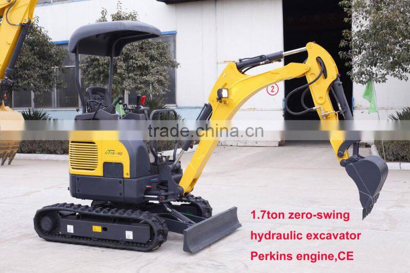 1.7ton zero swing mini excavator Tier III engine Rubber track bucket 400mm width Canopy or cabin