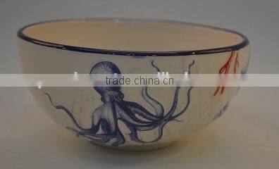 Marine series of embossed 3D hand-painted ceramic deep bowl