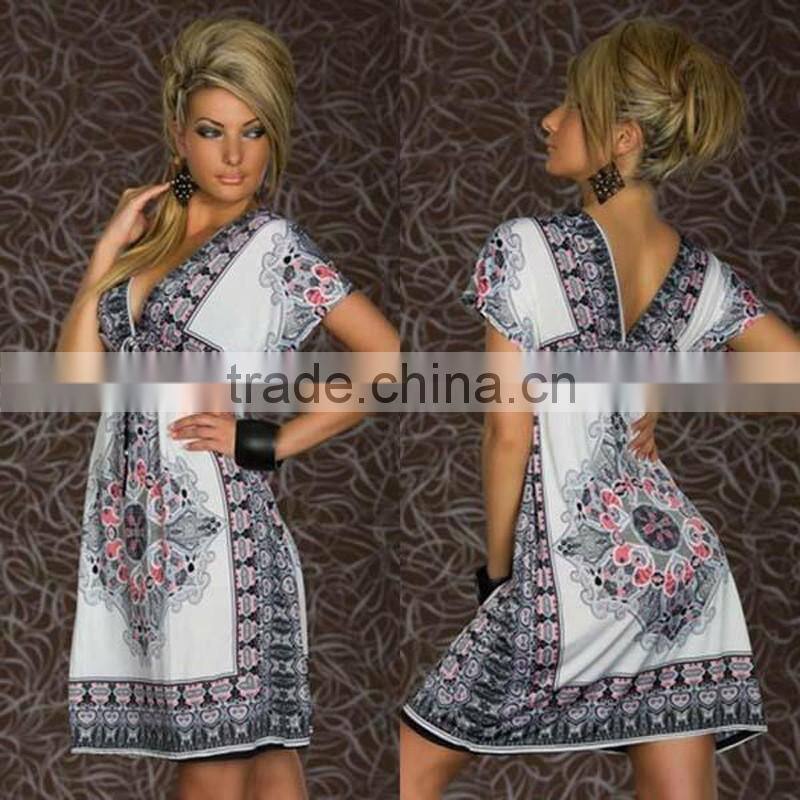 Women Bule XXL Sexy Summer Swimwear Cover Up V Neck Beach Boho Tunic Dress