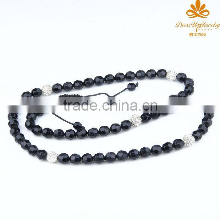 12mm Silver Micro Pave Ball and Black Plastic Faceted Ajustable Shamballa Necklace