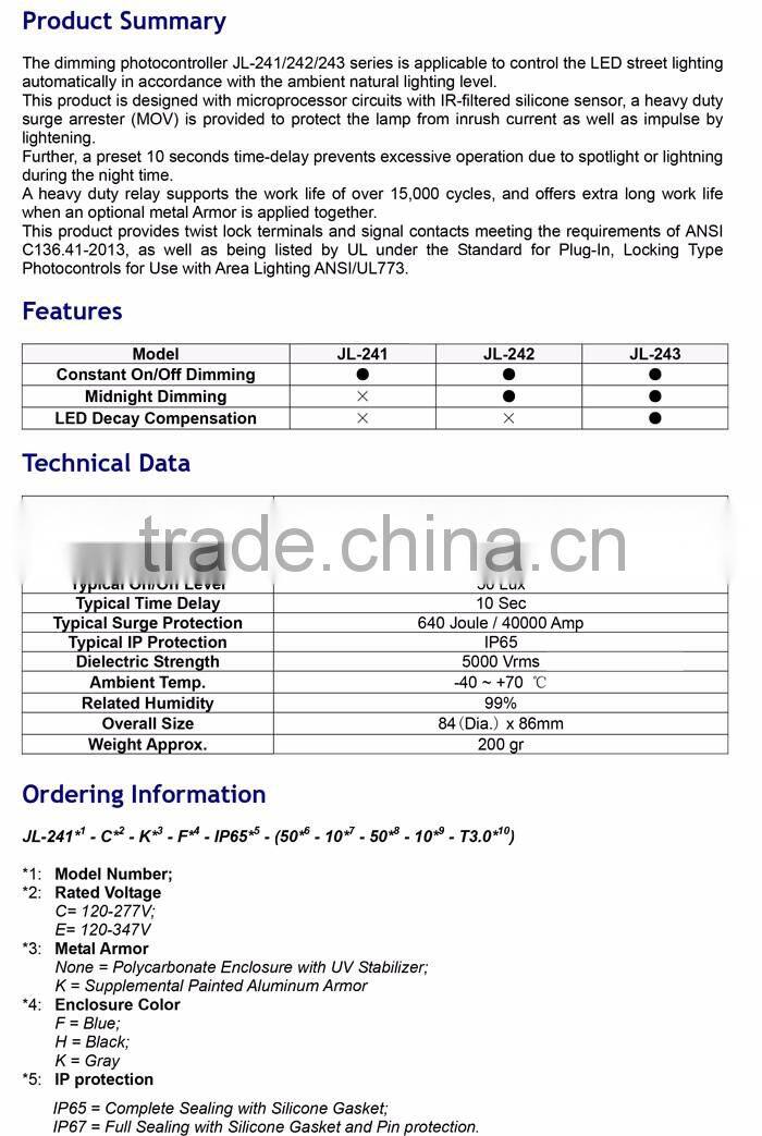 IP67 20amp Thermal Photocell Switch Twist-lock Photocontrol for led street light