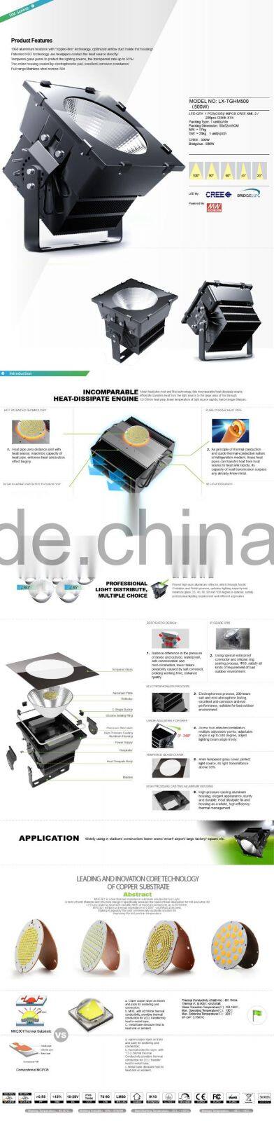 5 Years Warranty, UL Approved #481383, Gymnasium Lights, Meanwell Driver, Copper Heatpipe, 500W LED High Mast Light