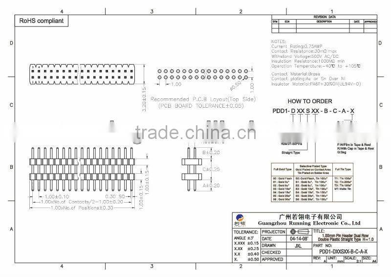 Double Row Double Insulator Straight Type Pin Header 1.0mm H=1.0