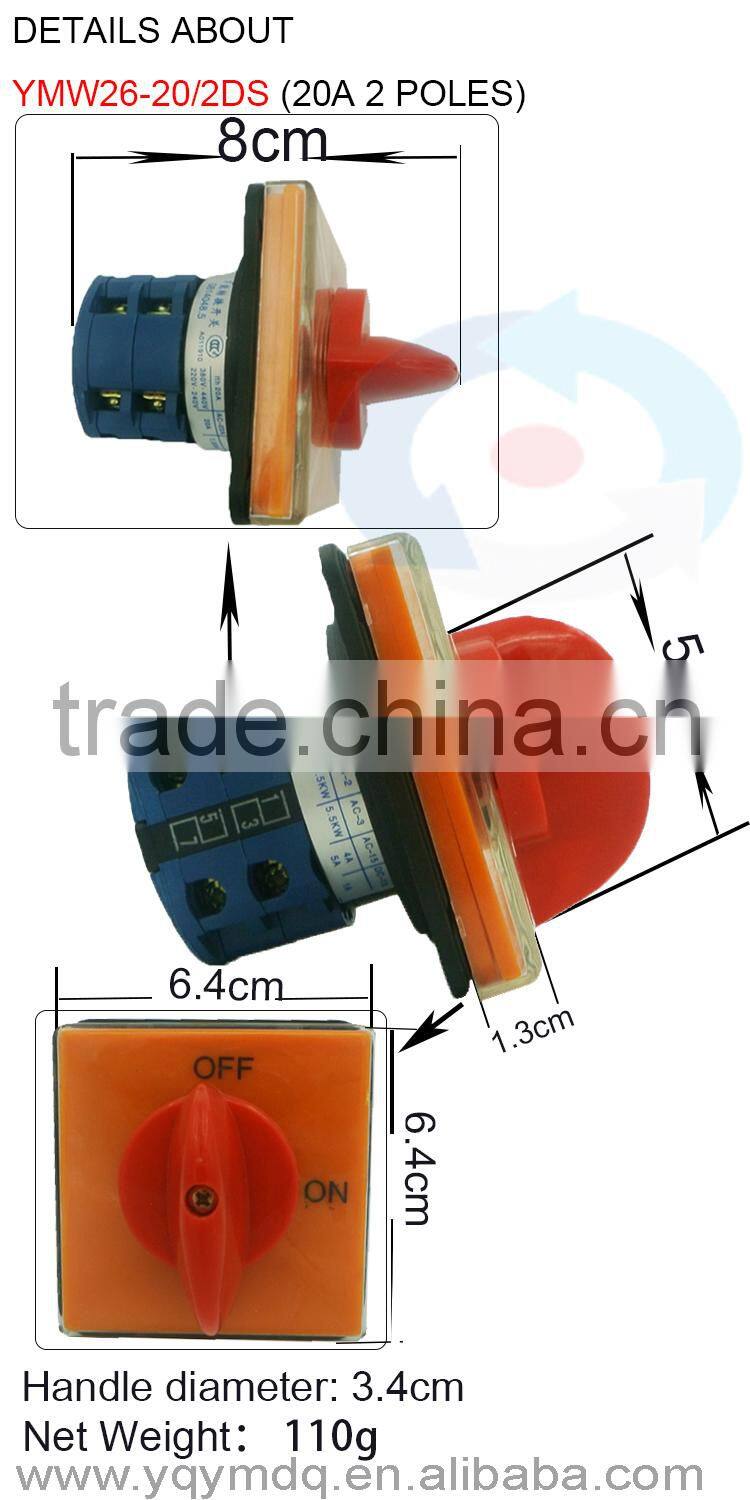 LW26-20/2DS High quality dc voltage automatic electrical changeover rotary cam switch 2 poles 20A sliver point contacts