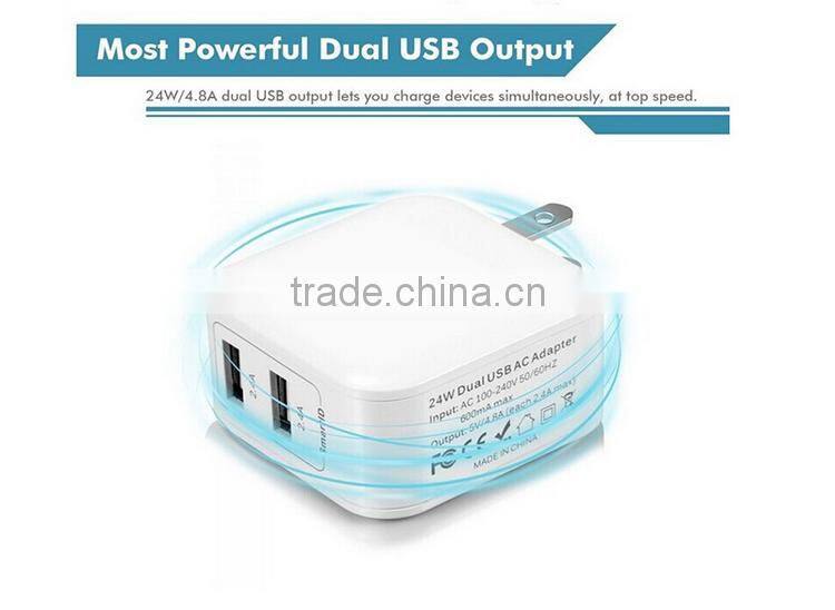 wholesale US Plug white and black 2.4A+2.4A Dual USB Wall Charger for iPhone Samsung and smartphone