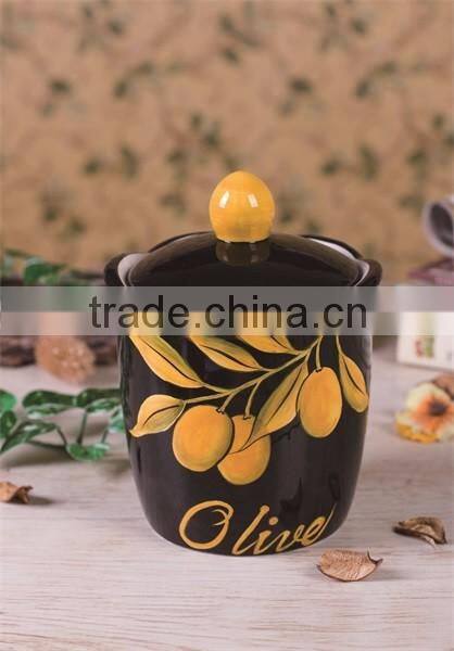 Decorative Ceramic Kitchen Spice Bottle Jar with Yellow Olive Handpaint