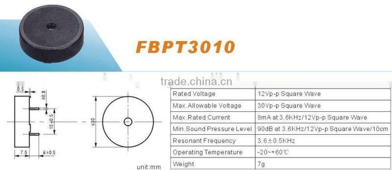 Cheaper 5V 95DB 30mm top hole buzzer FBPT3010