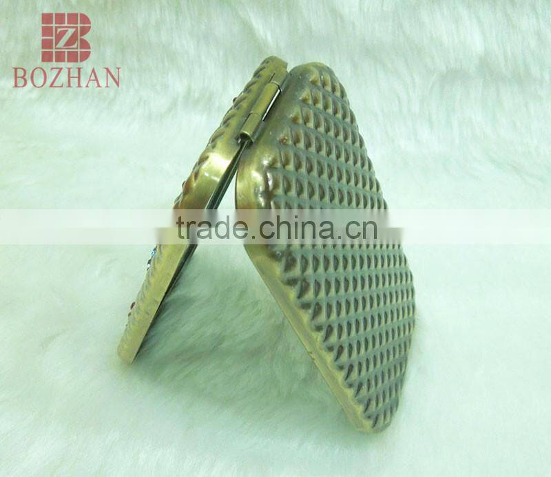 Metal souvenir compact mirror/charm brass cosmetic rhinestone mirror