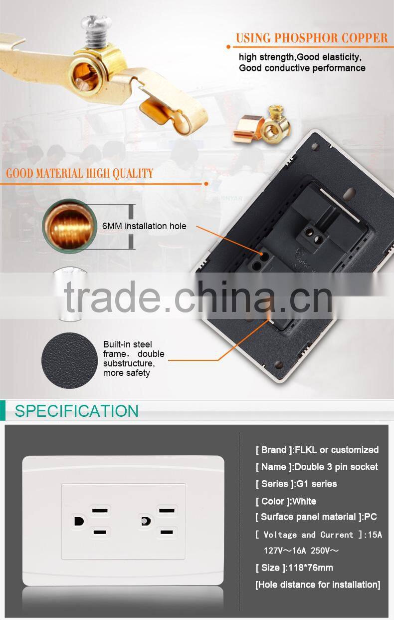 American Standard double 3 pin 6 pin electrical female socket outlet 10a wall socket