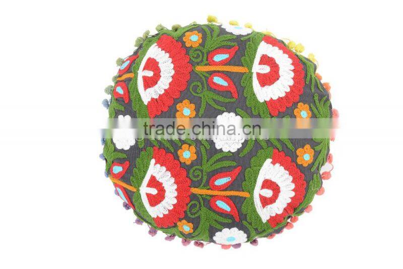 Indian Suzani Round Floor Pillows Cotton Ethnic Uzbek Embroidered Cushion Cover Boho Throw