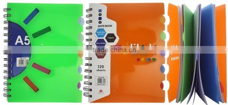 Cheap plastic cover spiral note book with colored PP dividers