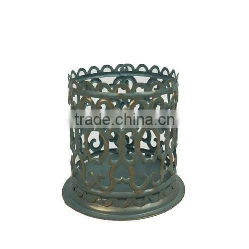 Antique small green golden brush tealight candle holder lantern
