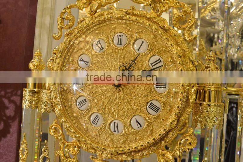 Royal Palace Italy Antique 24K Gold Plated Bronze Floor Clock, Brass Mounted Crystal and Marble Grandfather Floor Clock
