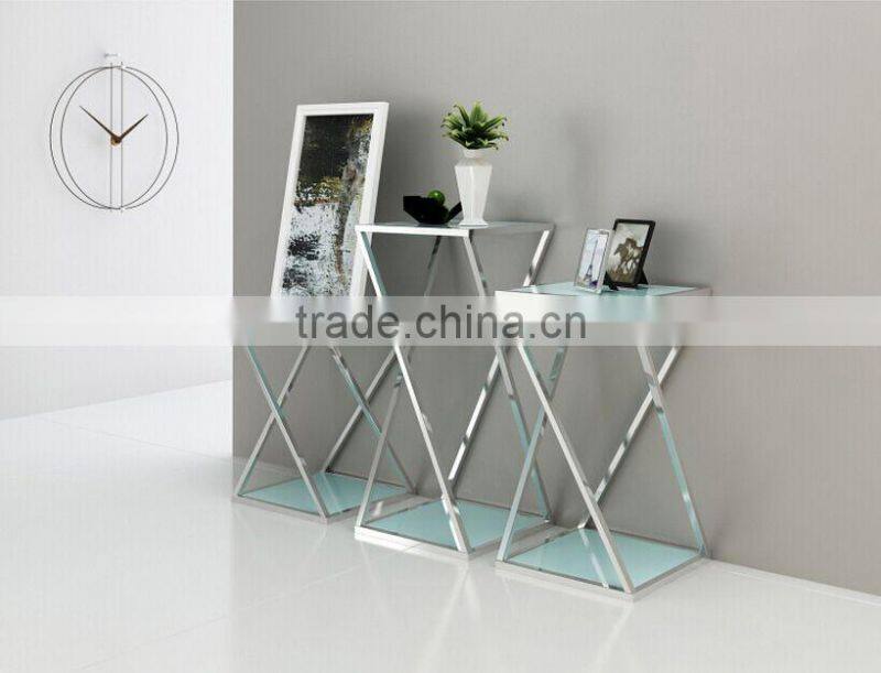 Newest Model Black Glass Console Table Set With Stainless Steel Base For Sale