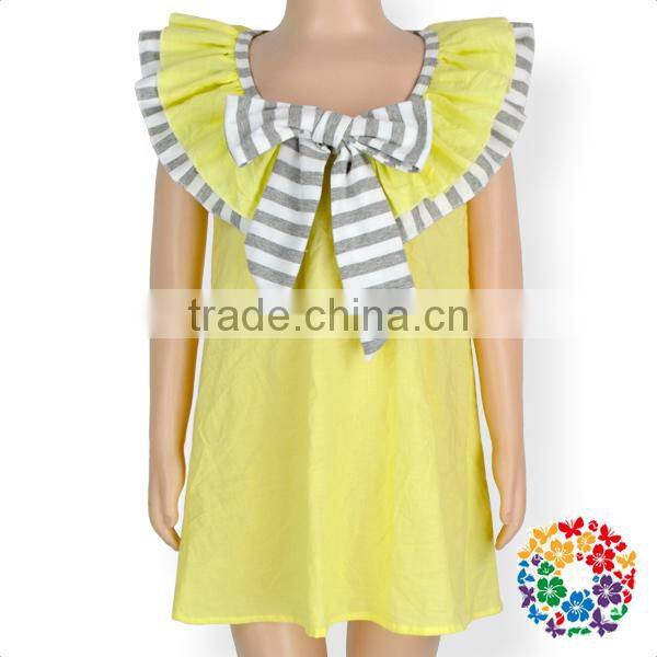 wholesale summer fashion grey stripe ruffle neck sleeveless cotton yellow kids girls dress