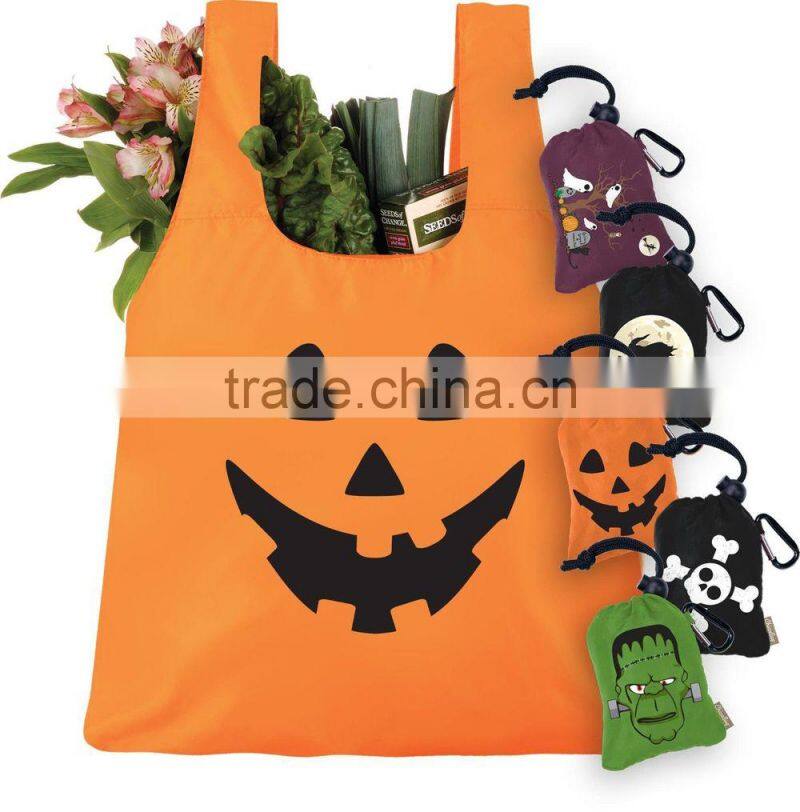 Customized skull shape design folding bags fashion Halloween black tote foldable bags Reusage foldable shoulder bags