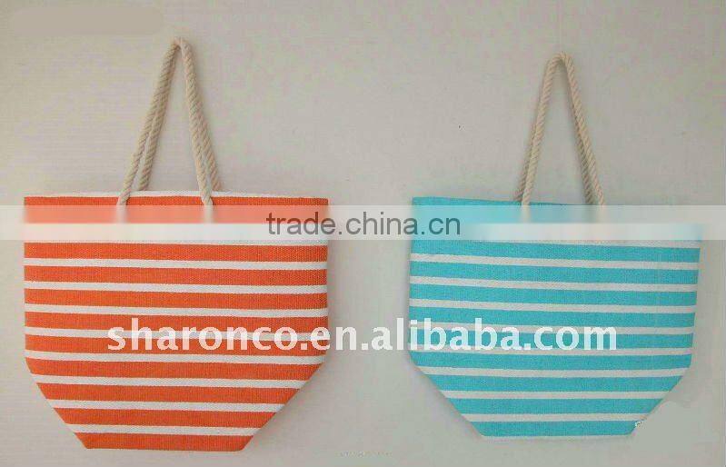 Candy strip paper straw fabric beach bag with handle