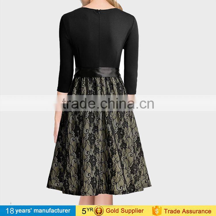 Vintage black wrap embroidery lace knee length casual cocktail party dresses for elegant mature women over 50